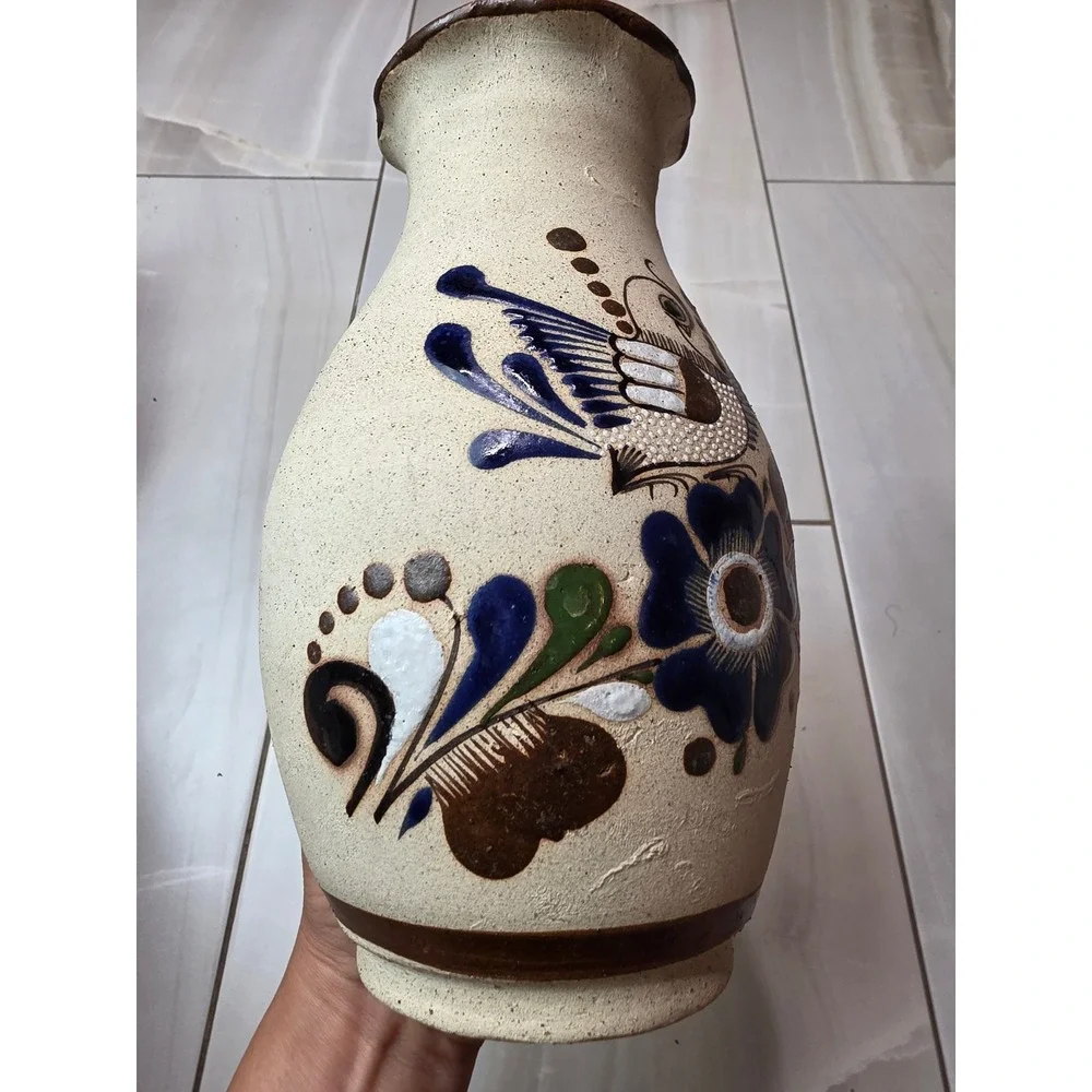 Vintage Tonala Mexican Pottery Vase Hand Painted Bird Floral Scalloped‎ 9.25